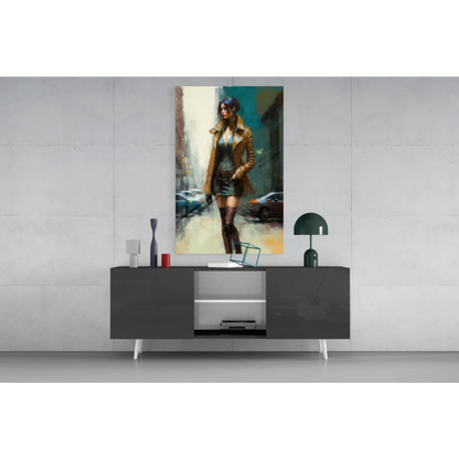 Impressionistic woman in tan coat on city street, glass wall art