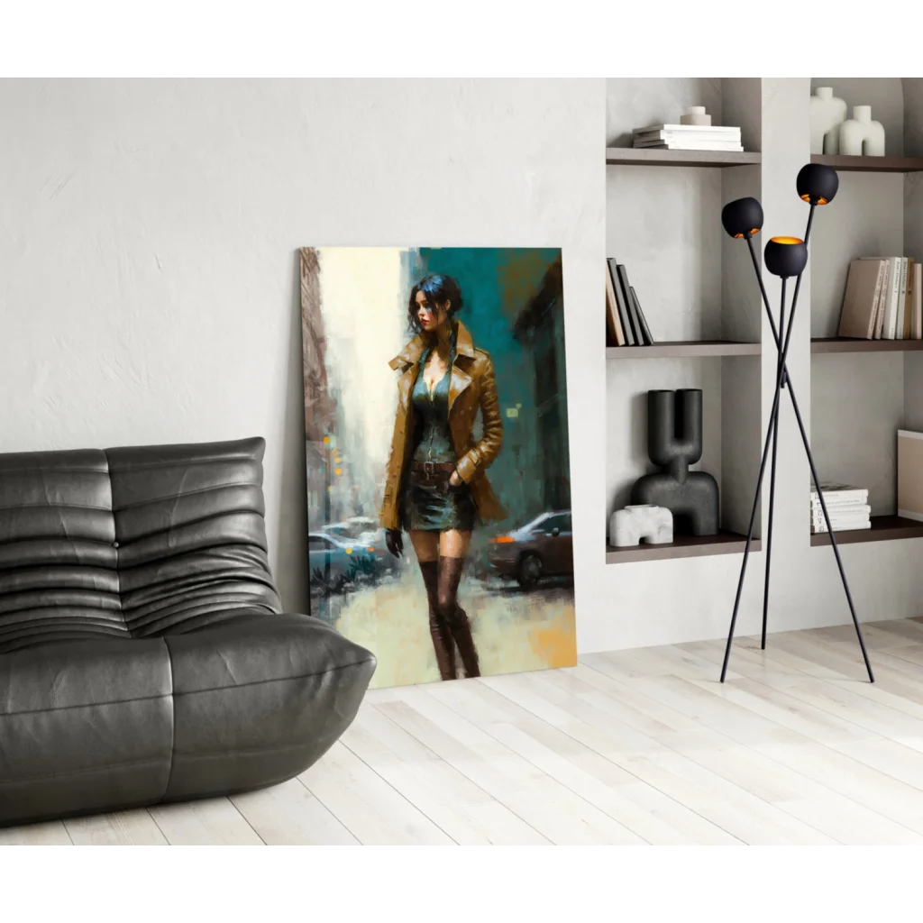 Stylized woman in tan jacket on glass wall art canvas print