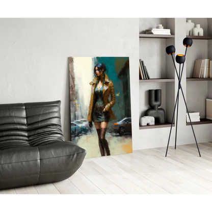 Stylized woman in tan jacket on glass wall art canvas print