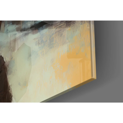 Abstract glass wall art painting with warm yellow, beige, and gray tones