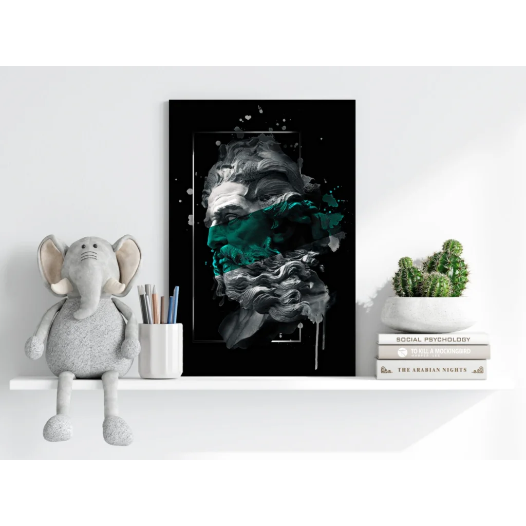 Stylized teal splash bust on black-framed Insigne Aluminum Print
