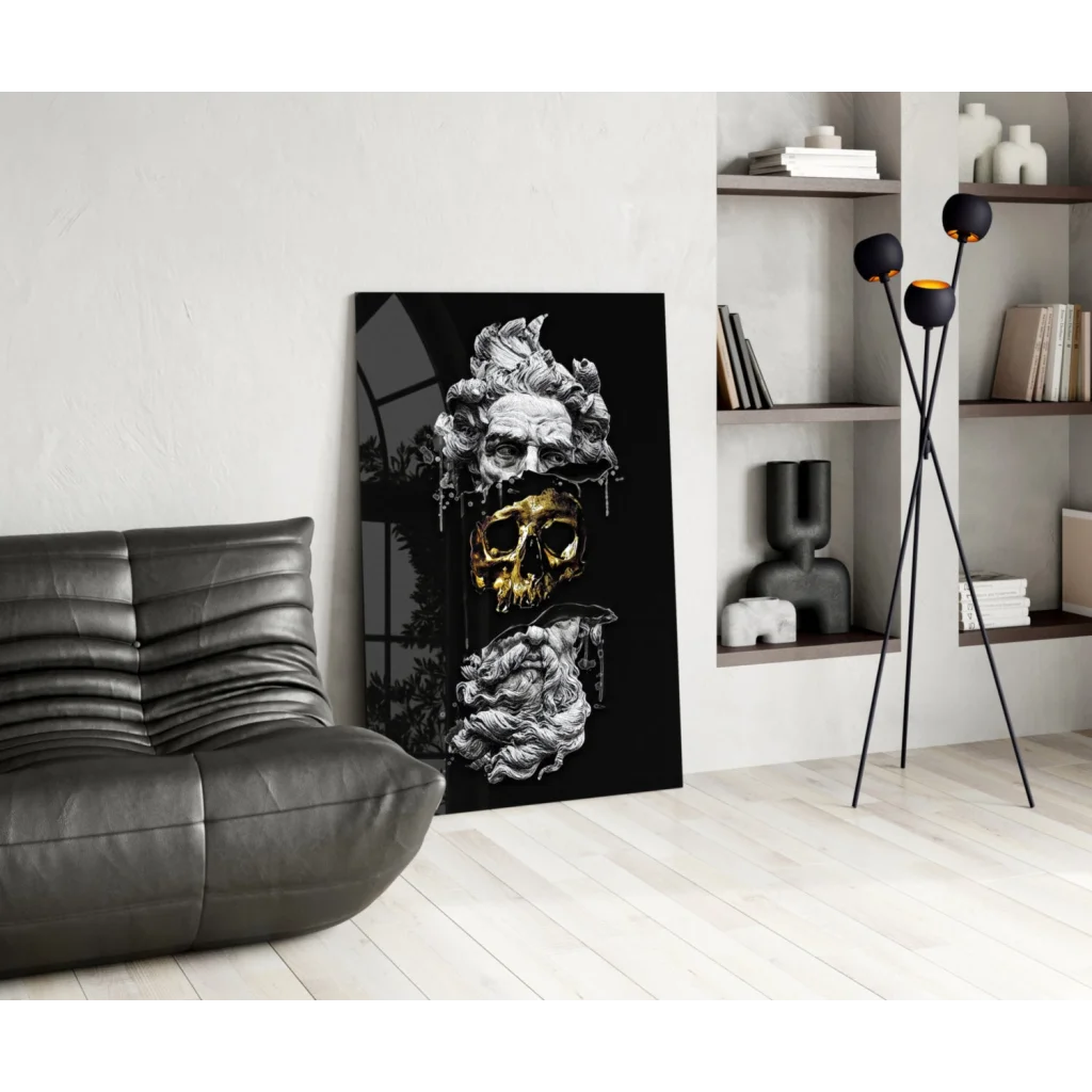 Stunning gold skull glass wall art with stacked textured faces