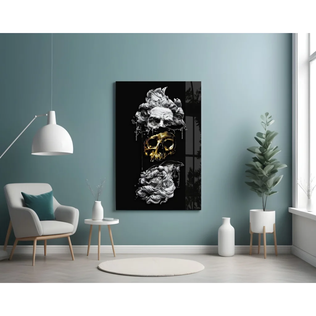 Stunning Gold Skull Glass Wall Art with Sculptural Faces | Contemporary Home Wall Art | vintageantiquesgifts.com
