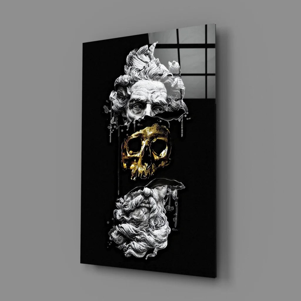 Stunning Gold Skull Glass Wall Art with Sculptural Faces | Glass Wall Art Print | vintageantiquesgifts.com