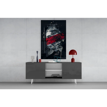 Bold red splash abstract portrait canvas wall art in black and gray tones
