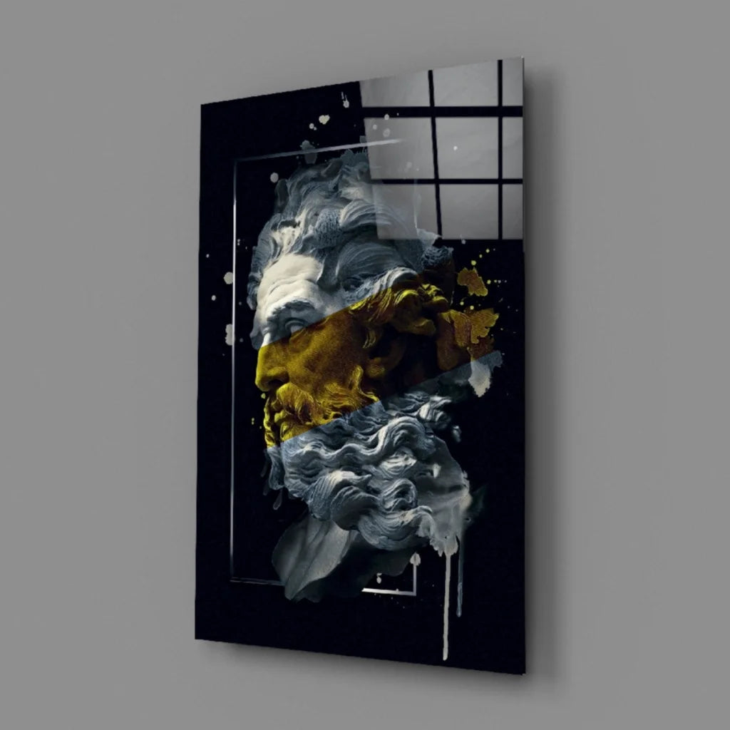 Stunning abstract portrait glass wall art with metallic gold and silver tones
