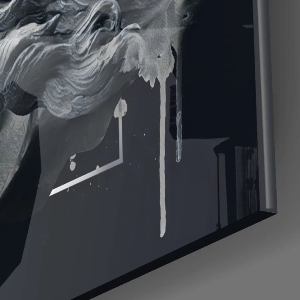 Abstract black and white wall art canvas with flowing textured brushstrokes and metallic silver accents