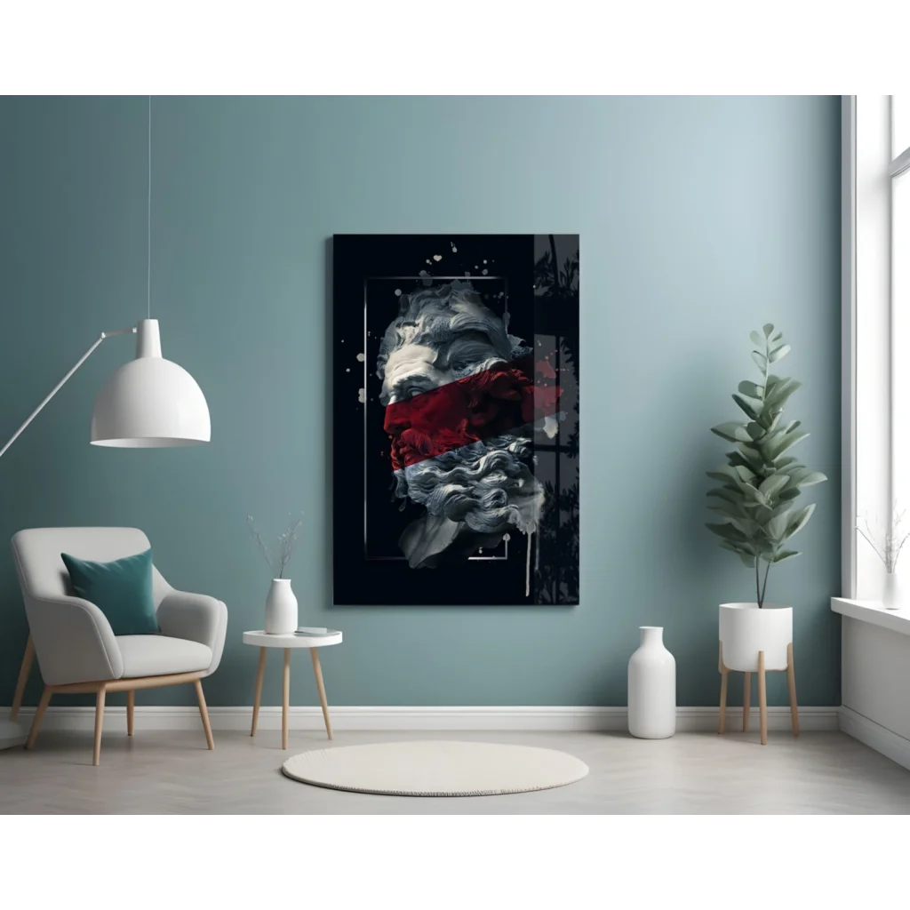Bold red splash abstract portrait wall art canvas with black and white accents