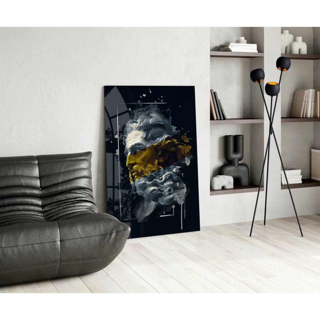 Stunning abstract portrait glass wall art with gold accents on black canvas