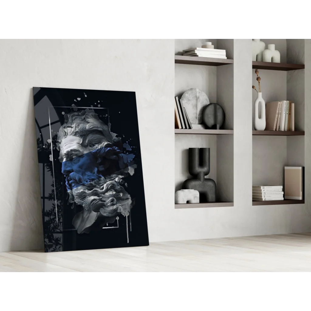 Modern abstract portrait canvas wall art with silver accents