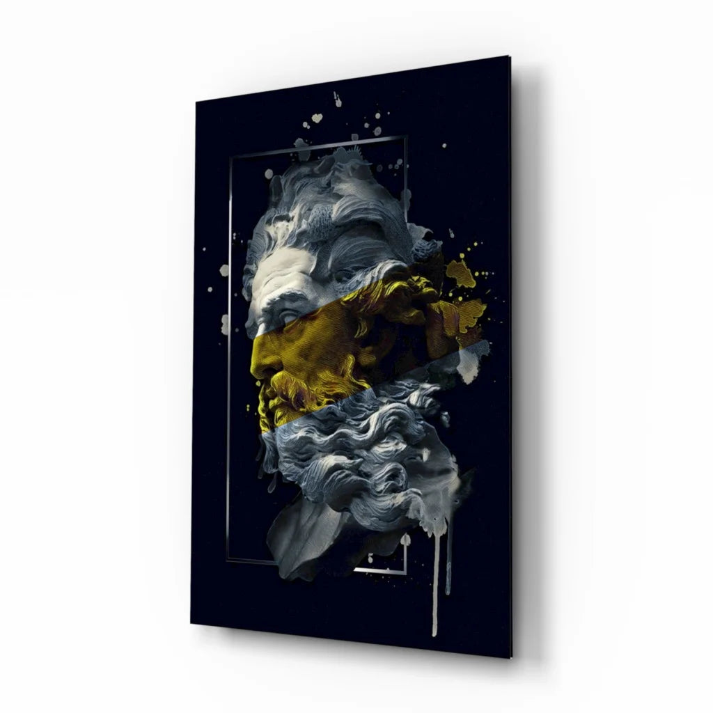 Stunning abstract portrait glass wall art with gold accents and split face