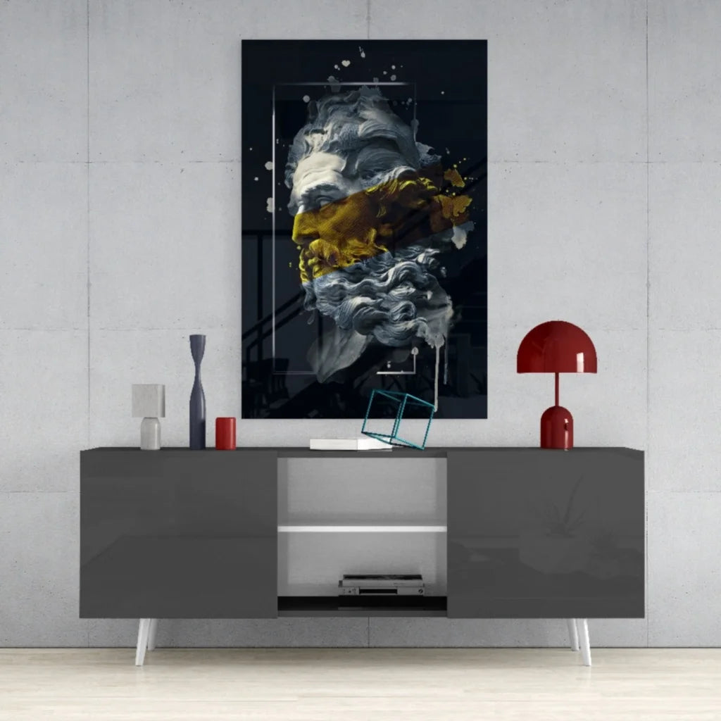 Stunning abstract portrait glass wall art with swirling gray face, yellow splashes, gold accents
