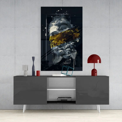 Stunning abstract portrait glass wall art with swirling gray face, yellow splashes, gold accents