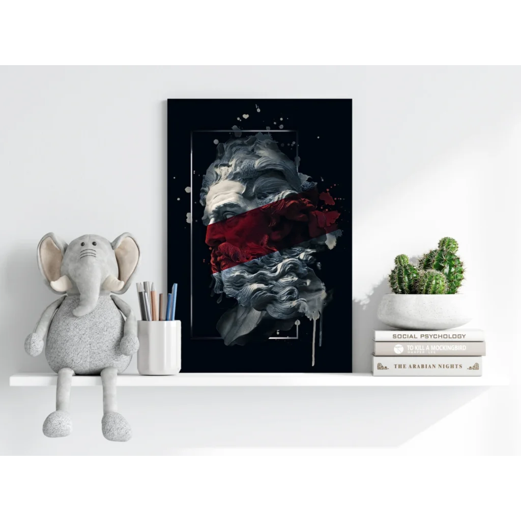 Insigne Aluminum Prints: Abstract classical bust with red splashes