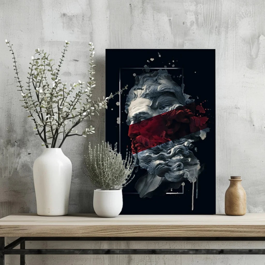 Insigne Aluminum Prints Classical Bust Red Splash Art | Glass Wall Art Print | vintageantiquesgifts.com