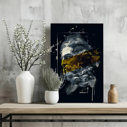 Abstract black-framed portrait on Insigne aluminum prints with gray gold splashes