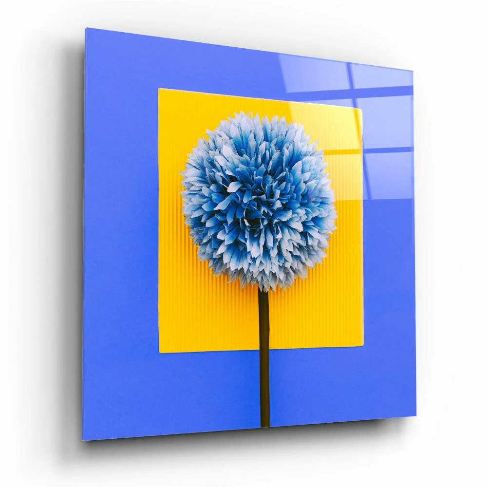 Vibrant blue yellow dandelion glass wall art panel with fluffy textured bloom