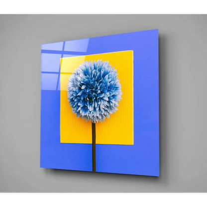 Stunning blue yellow dandelion glass wall art panel with fluffy textured puffball