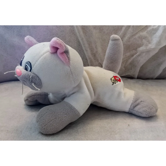 Vintage Pound Purries grey cat plush toy with pink bow and rose paw
