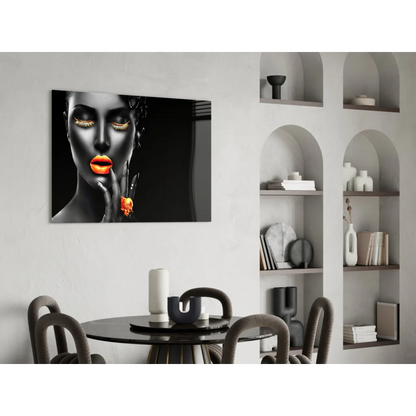 Black-and-white portrait wall art canvas with woman, orange lips, golden lashes, gold object