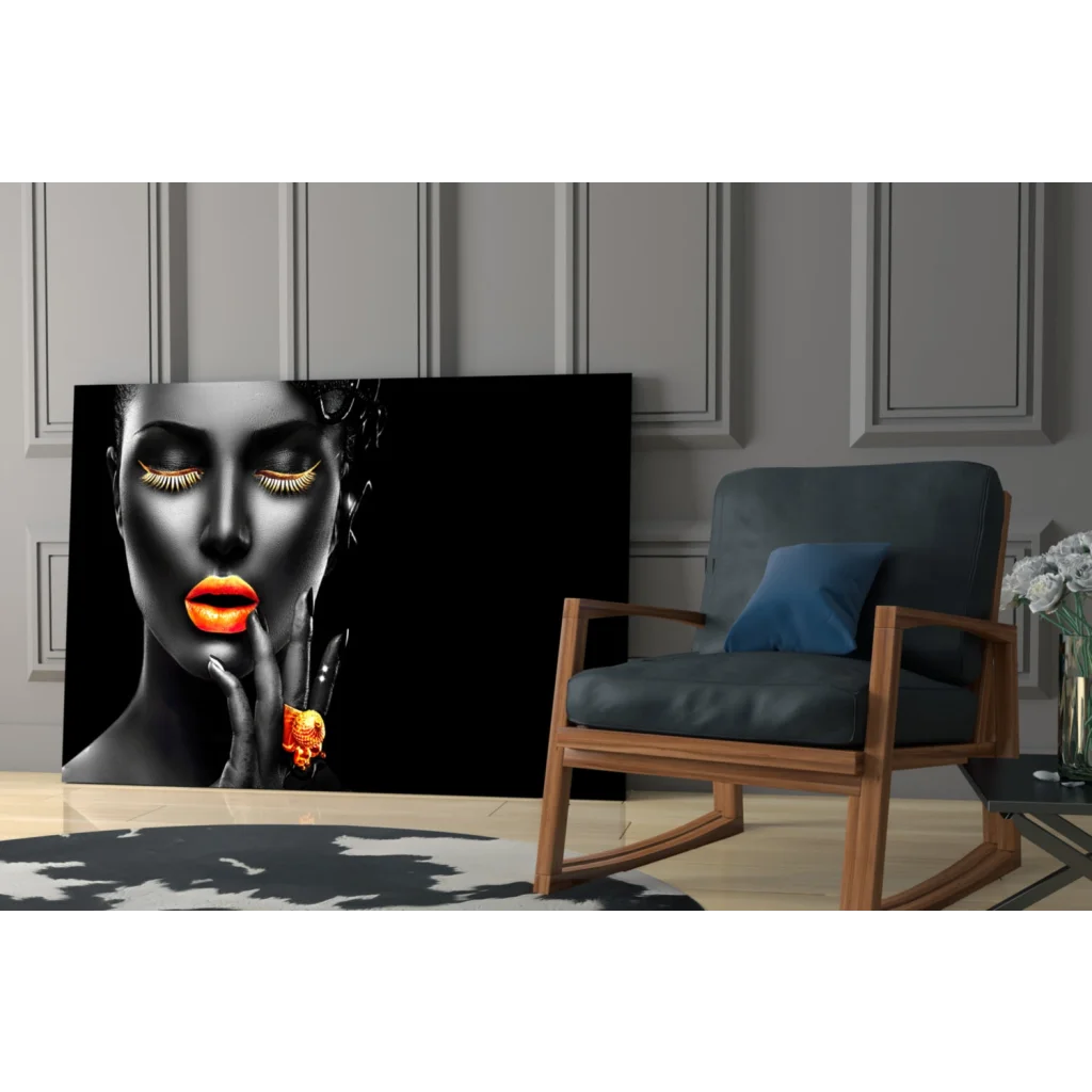 Glamorous gold accent portrait wall art canvas with woman, orange lips, golden lashes