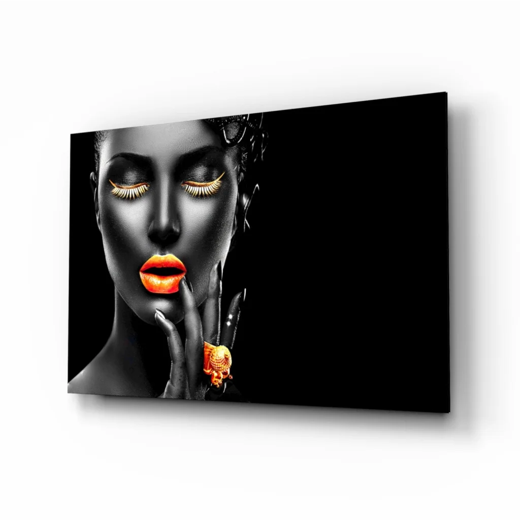 Glamorous gold accent portrait wall art canvas print of woman with orange lips