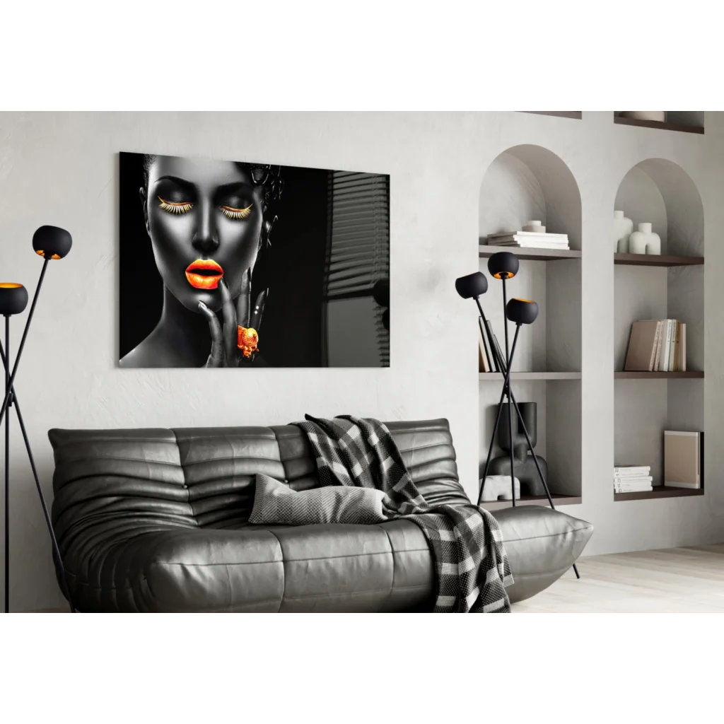 Glamorous gold accent black-and-white portrait wall art canvas with orange lips