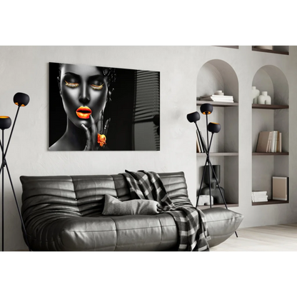 Glamorous gold accent black-and-white portrait wall art canvas with orange lips