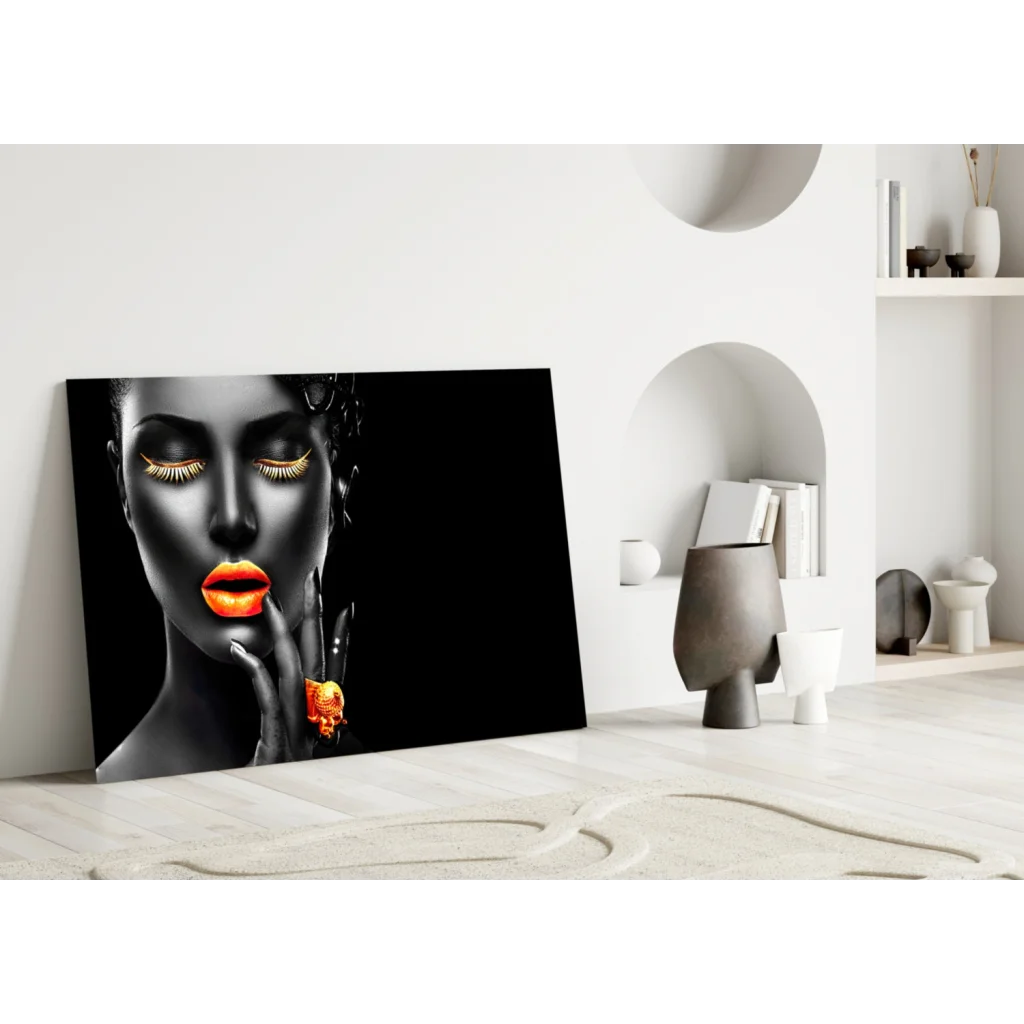 Glamorous gold accent portrait wall art canvas print of woman with orange lips
