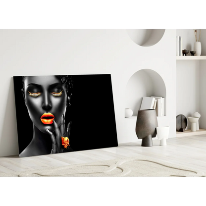 Glamorous gold accent portrait wall art canvas print of woman with orange lips