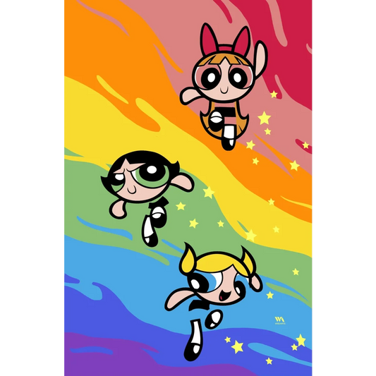 Powerpuff Girls flying over rainbow in perfect gift edition