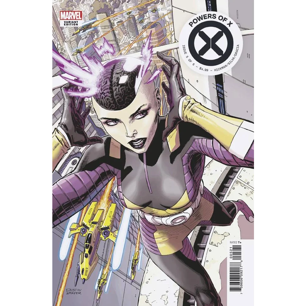 Purple and yellow armored superheroine Weaver with cybernetic headpiece, Powers of X #5 character var
