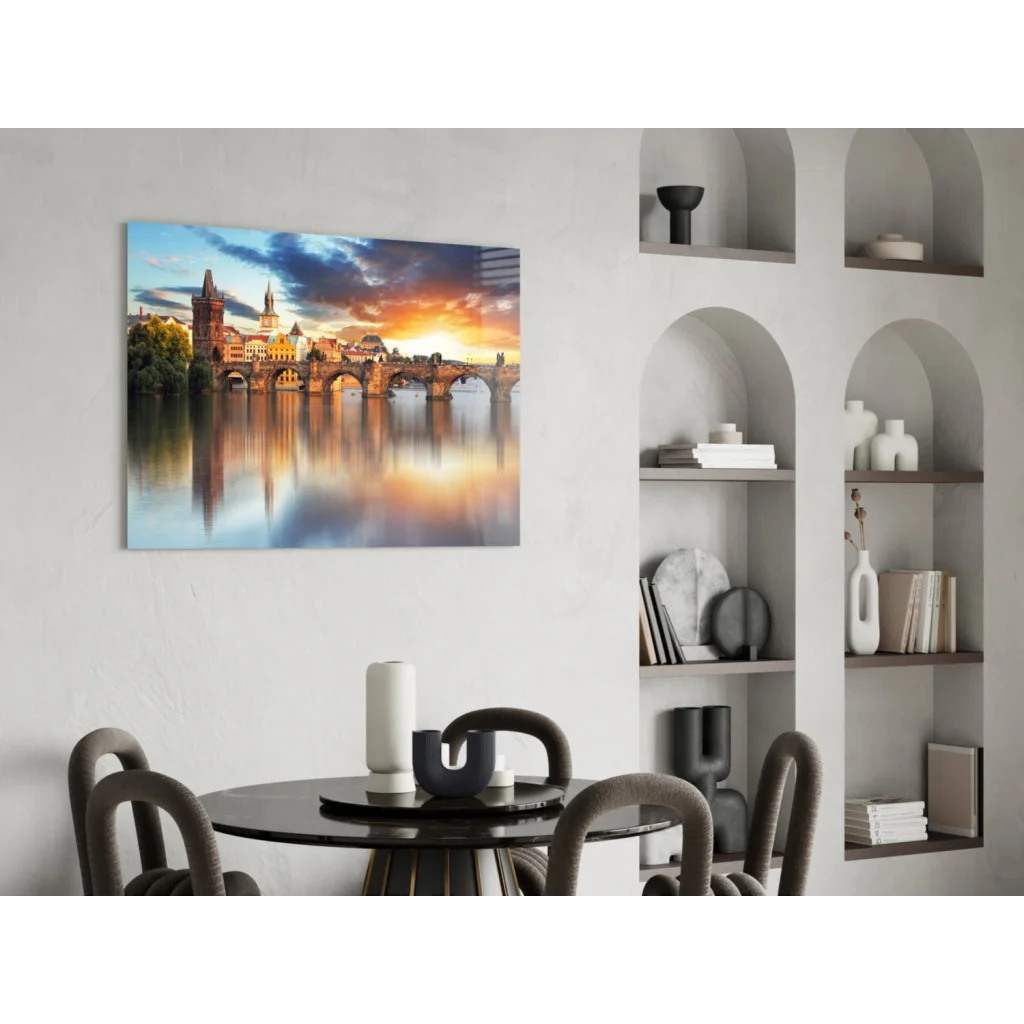 Vibrant Prague Castle sunset canvas wall art of Charles Bridge