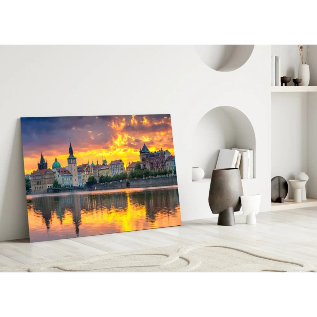 Golden sunset cityscape glass wall art canvas print in modern interior