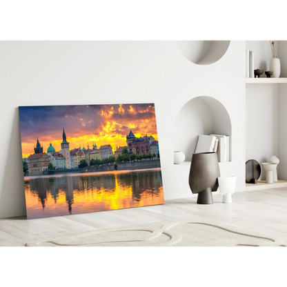 Golden sunset cityscape glass wall art canvas print in modern interior