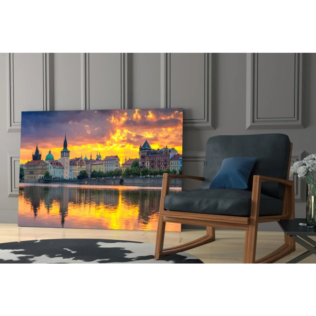 Golden sunset cityscape glass wall art with historic European architecture
