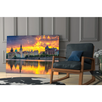 Golden sunset cityscape glass wall art with historic European architecture