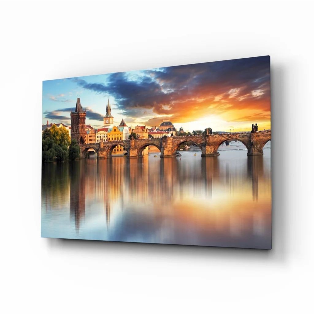 Vibrant Prague Castle sunset canvas wall art of Charles Bridge