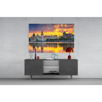 Golden sunset cityscape glass wall art canvas print with vibrant skies and historic architecture