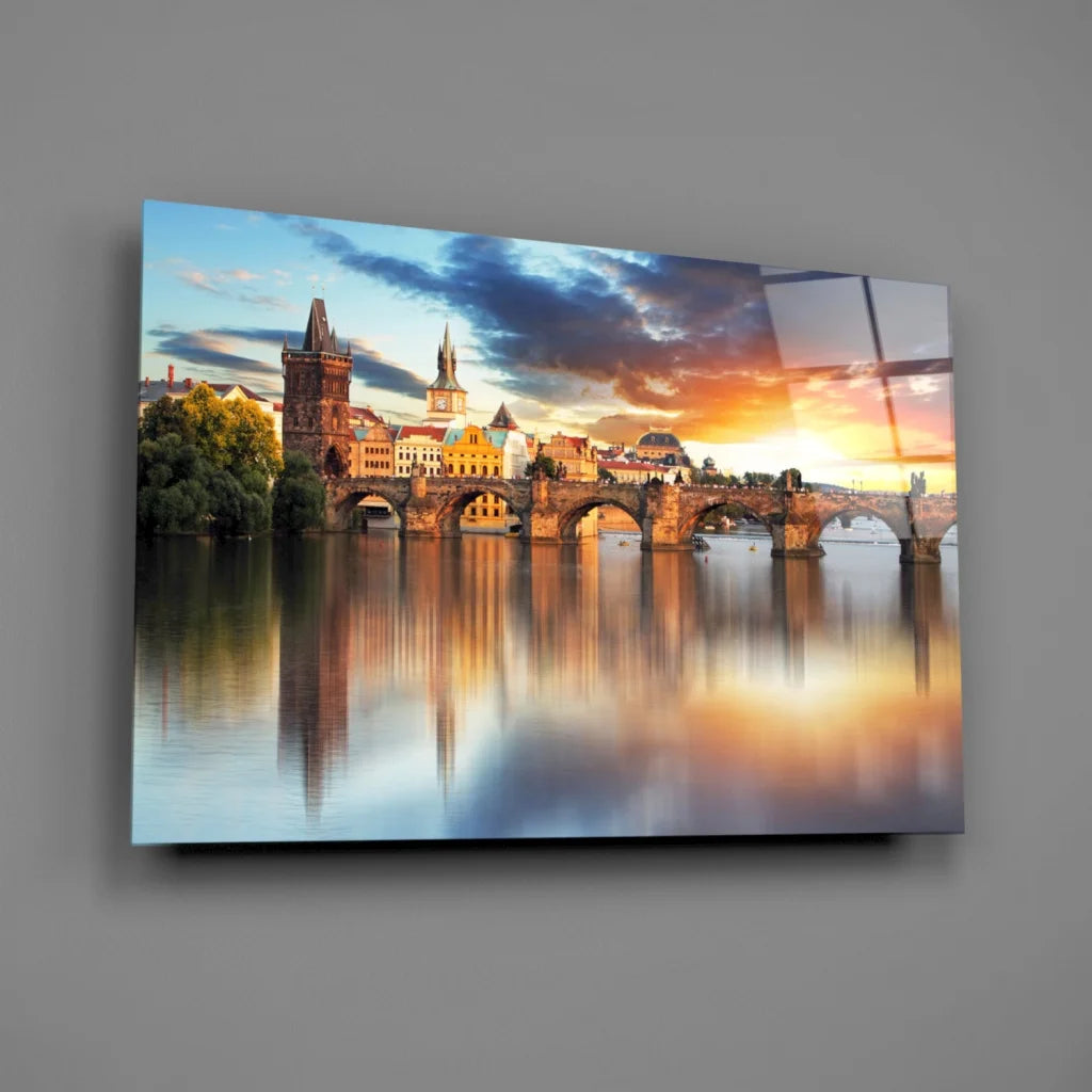 Vibrant Prague Castle sunset canvas wall art of Charles Bridge