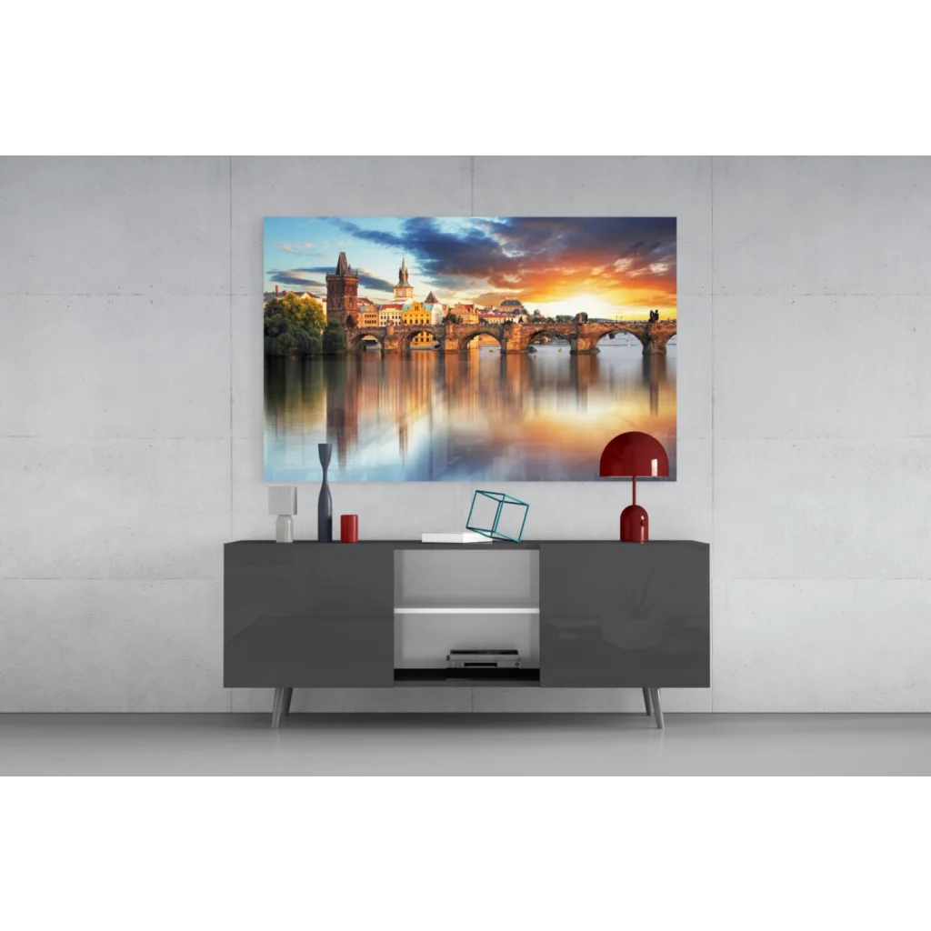 Vibrant Prague Castle sunset canvas wall art over Charles Bridge