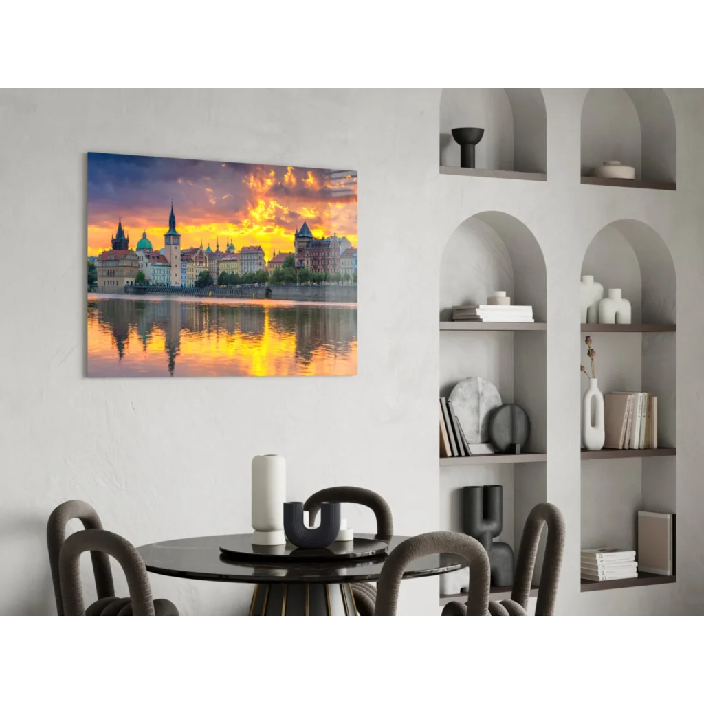 Golden sunset cityscape glass wall art canvas print with vibrant hues