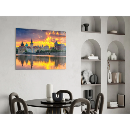 Golden sunset cityscape glass wall art canvas print with vibrant hues