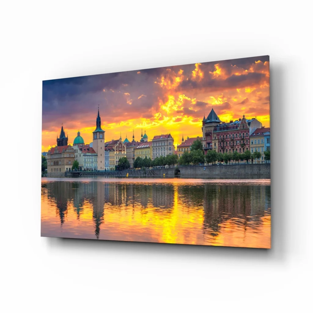 Golden sunset cityscape glass wall art canvas print