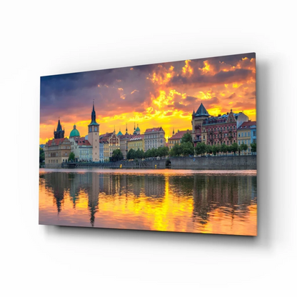 Golden sunset cityscape glass wall art canvas print
