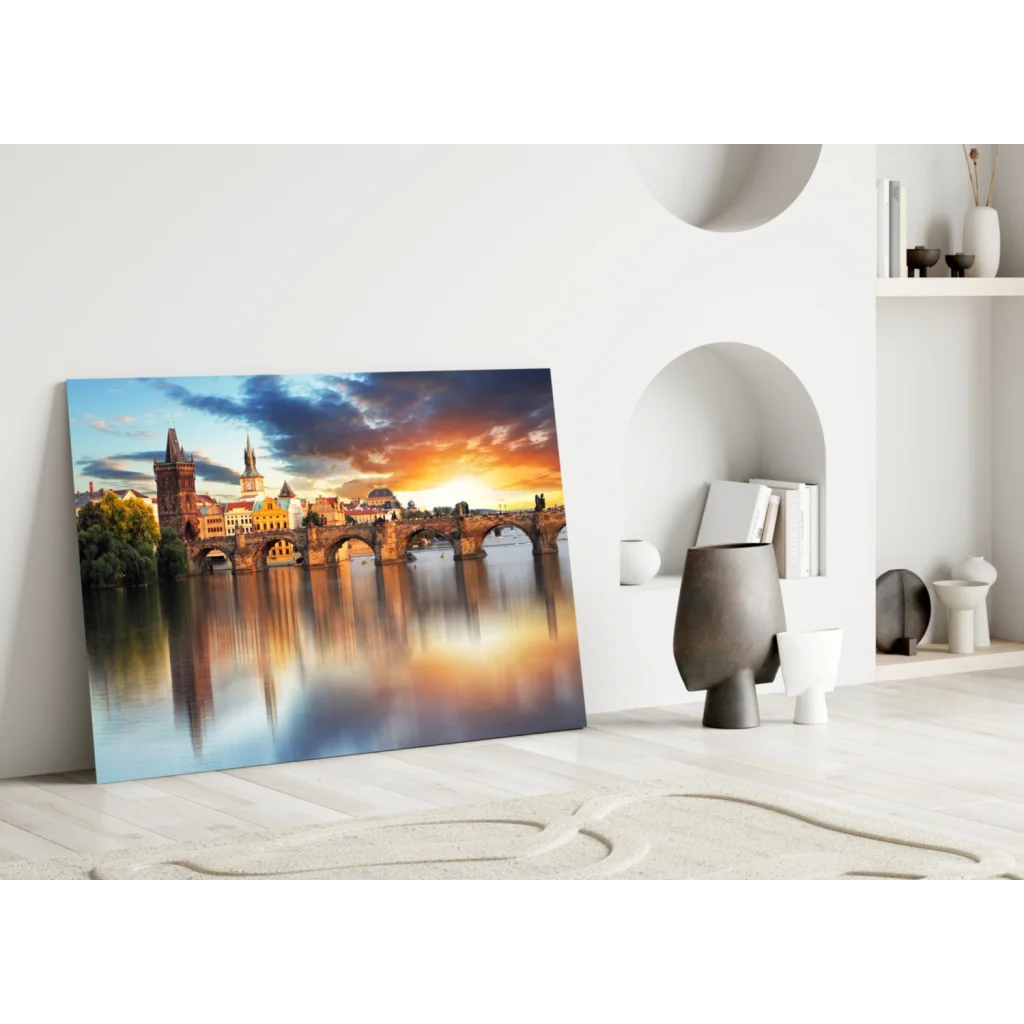 Vibrant Prague Castle and Charles Bridge sunset canvas wall art