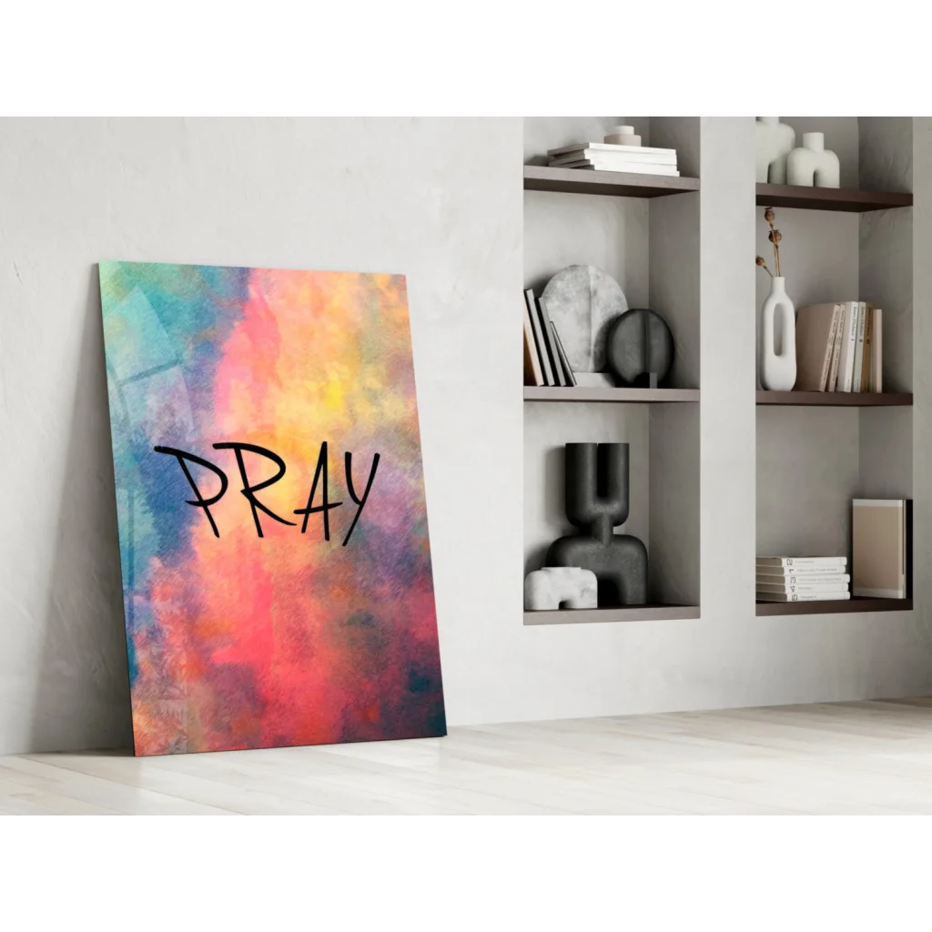 Vibrant pray watercolor wall art canvas with bold black script lettering
