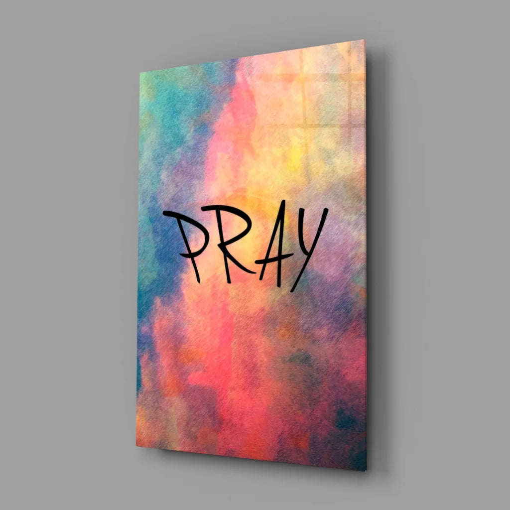 Pray Watercolor Canvas Wall Art with Bold Script Lettering | Glass Wall Art Print | vintageantiquesgifts.com
