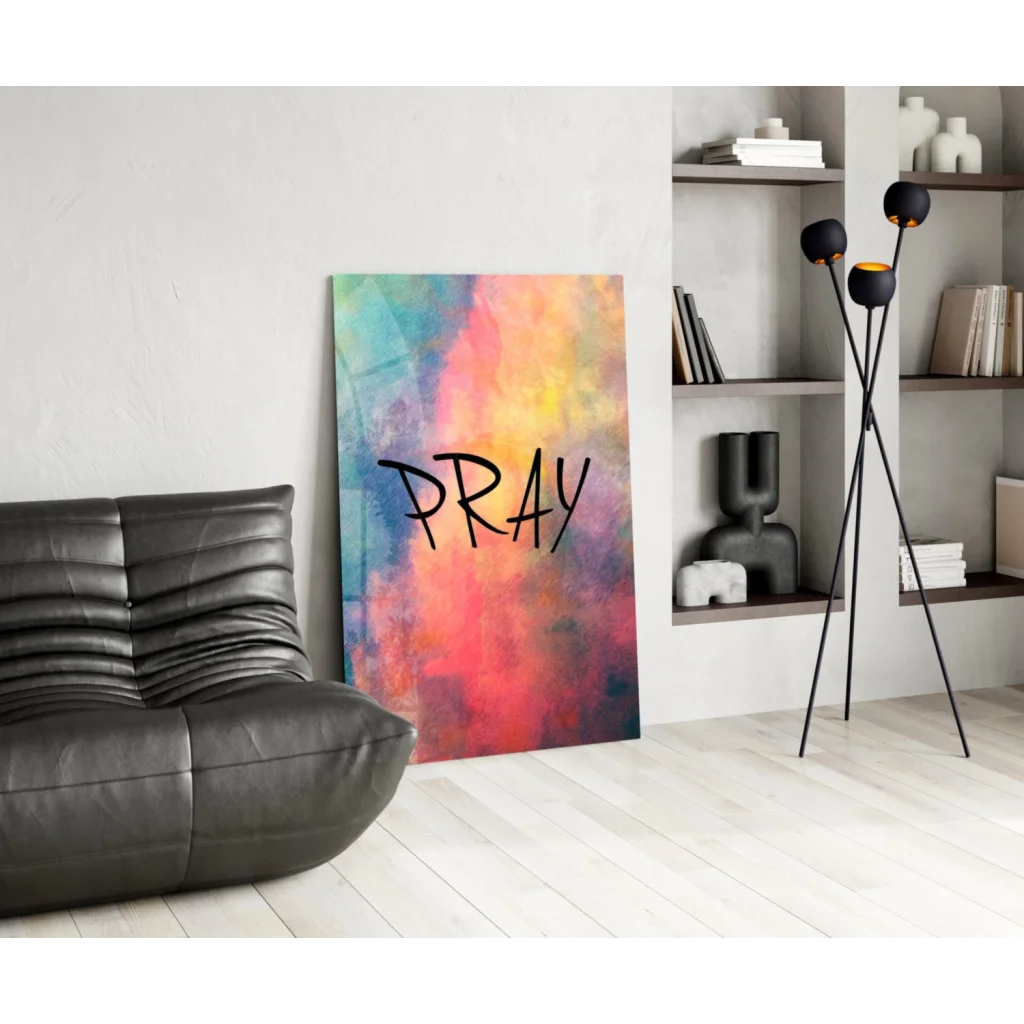 Vibrant pray watercolor wall art canvas with bold black script on teal pink orange yellow hues