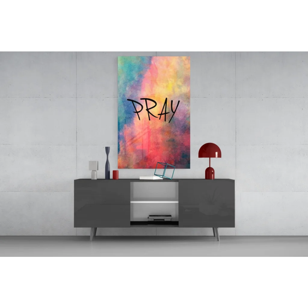 Vibrant pray watercolor wall art canvas with bold teal pink hues